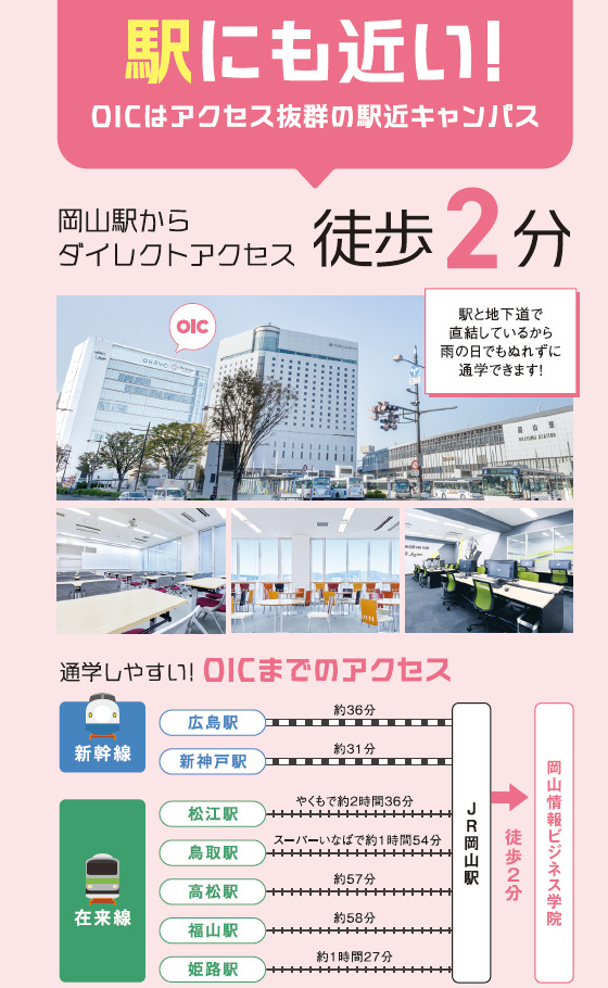 岡山情報ビジネス学院は駅にも近い！
OICは岡山駅徒歩２分のダイレクトにアクセス。
JR岡山駅と地下道で直結しているため、遠方の方でも電車を使って地元から通学しやすいのが特長。
また雨の日でも快適に通学できます！